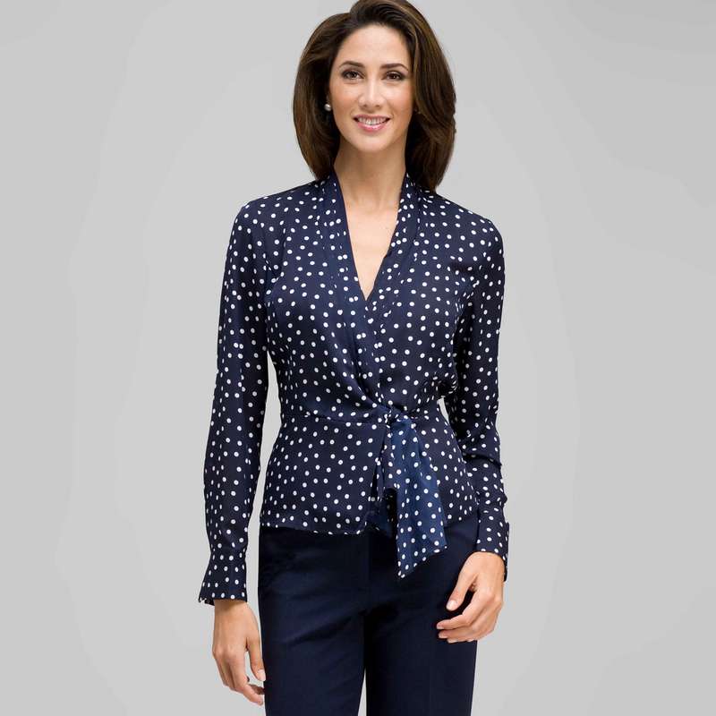 Long Sleeve Tie Front Blouse, Admiral Navy & White, large image number 0